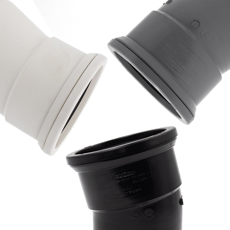 3 soil and waste pipes in white, grey and black