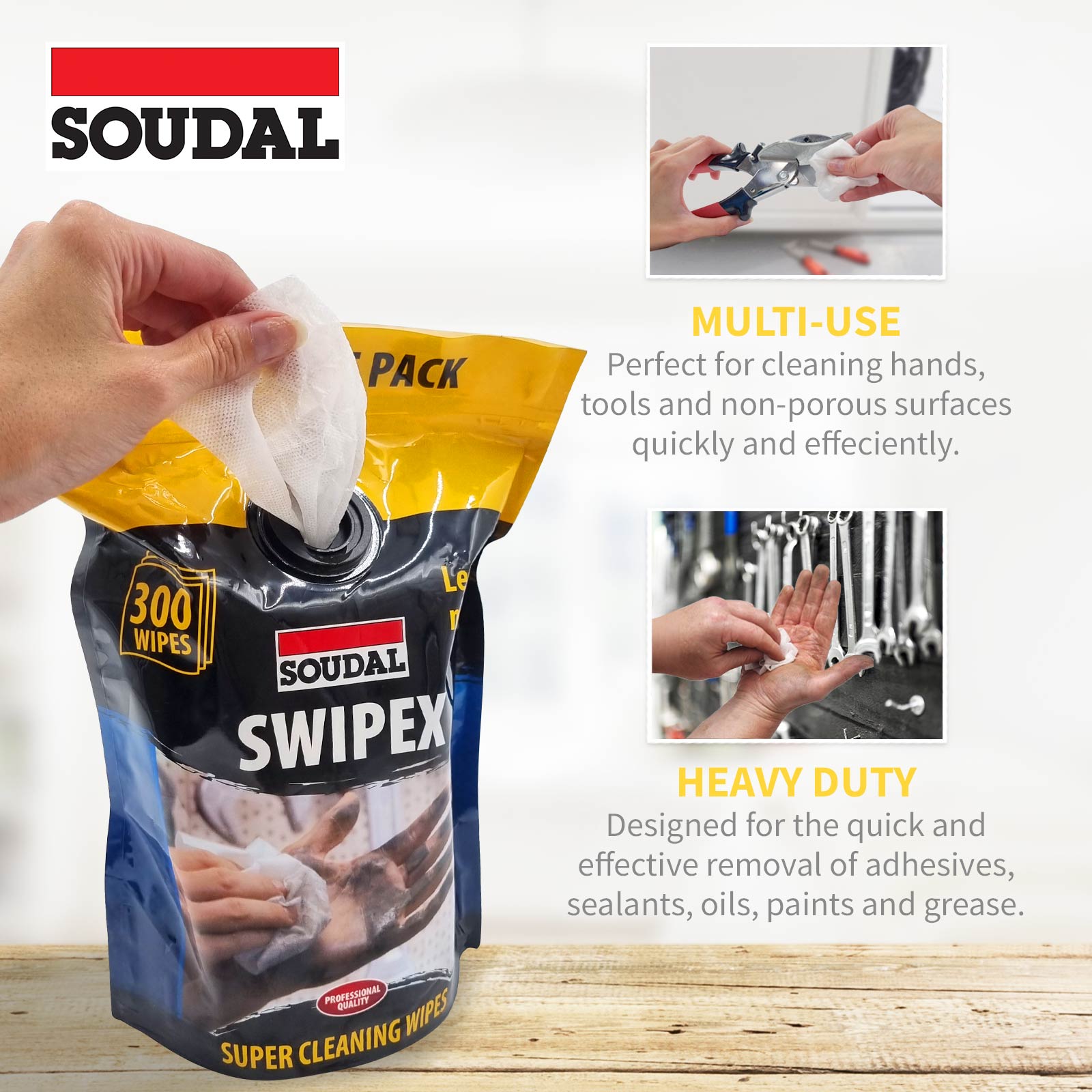 Packet (20 wipes) Heavy Duty Cleaning Wipes Soudal Swipex Industrial Disposable Wonder Wipes