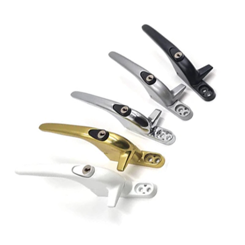a variety of cockspur handles in black, silver, polished chrome, gold and white