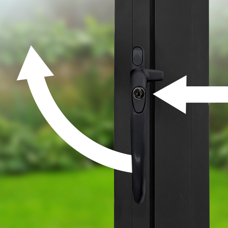 a cockspur handle installed on a window frame with arrows illustrating the button press needed to activate the handle