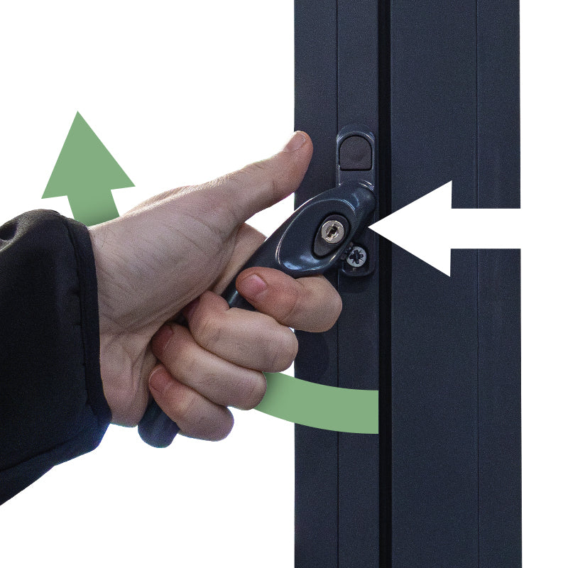 an image showing a cranked handle and its opening direction and that a button must be pressed to open the window