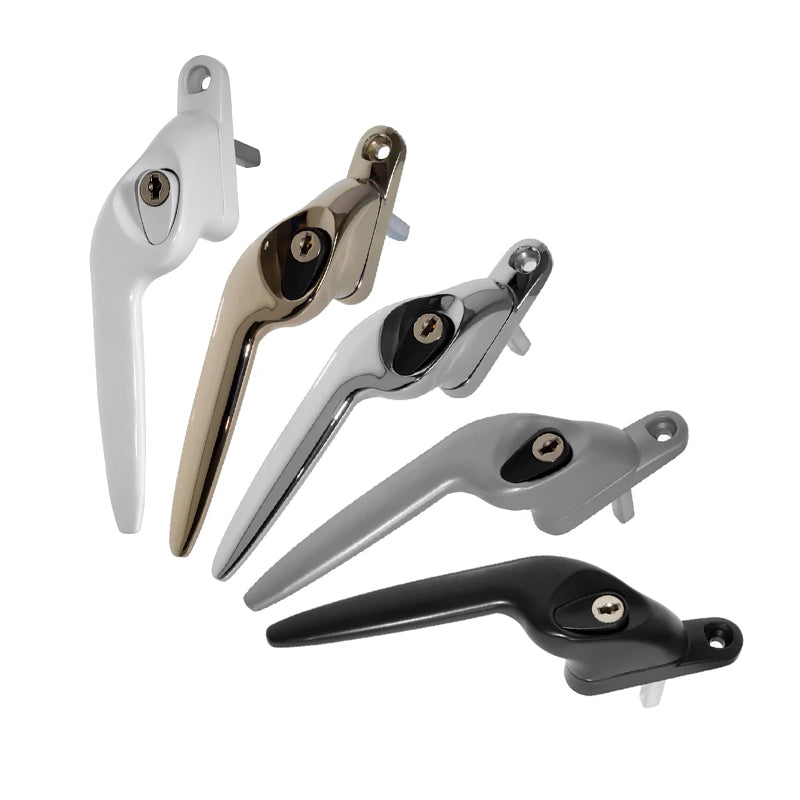 5 cranked window handles in 5 colours available, white, chrome polished, champagne gold, black and silver