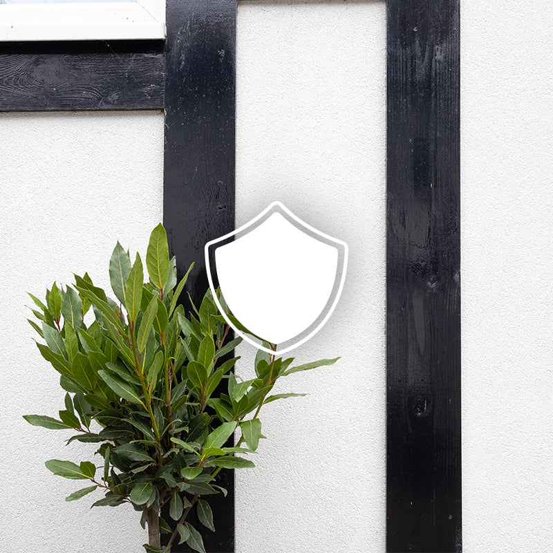 an image of the side of a house using tudor board with a shield icon over the top
