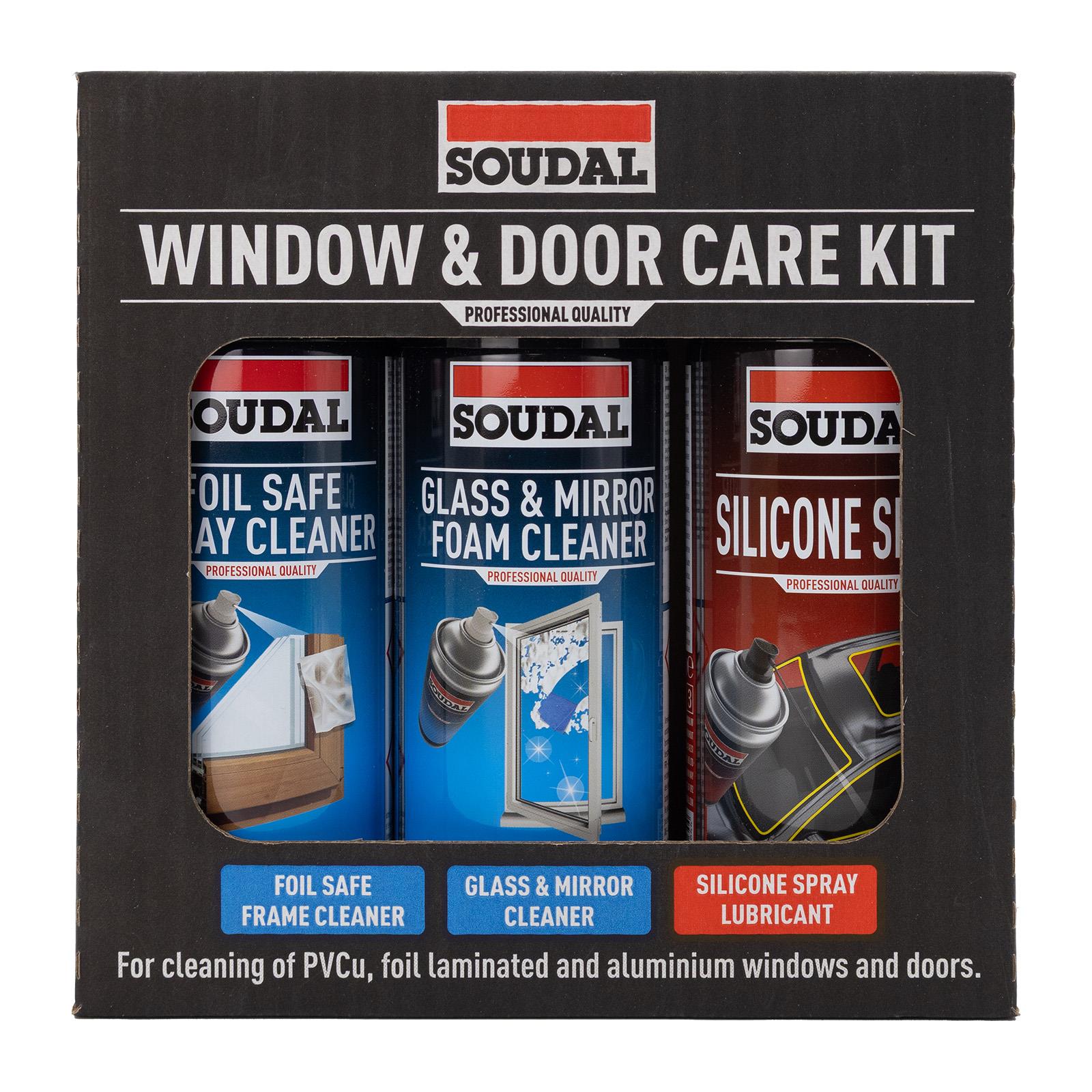 Soudal uPVC Window & Door Cleaning Kit Foil Safe, Glass & Silicone Spray Truly PVC Soudal uPVC Window & Door Cleaning Kit Foil Safe, Glass & Silicone Spray Truly PVC