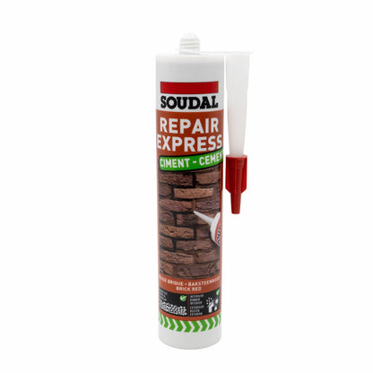 Soudal Repair Express Cement Brick Red – Textured masonry filler for repointing red brickwork and garden walls.