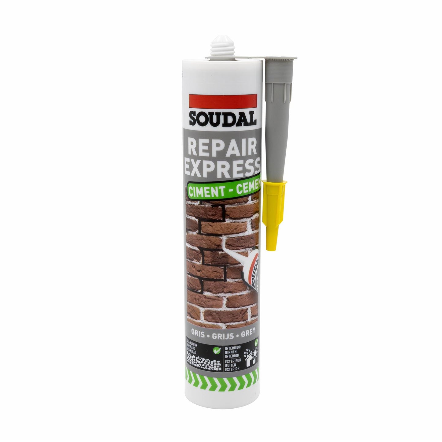 Soudal Repair Express Cement Grey – Textured concrete crack filler for paths, steps and driveway mortar repair.