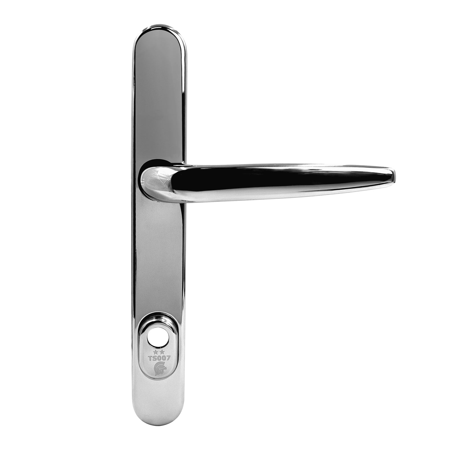 Front view of Long Chrome (PVD) Yale Sparta PAS24 Lever/Lever Door Handle Yale Trojan Sparta TS007 PAS 24 2* High Security Door Lever Handle