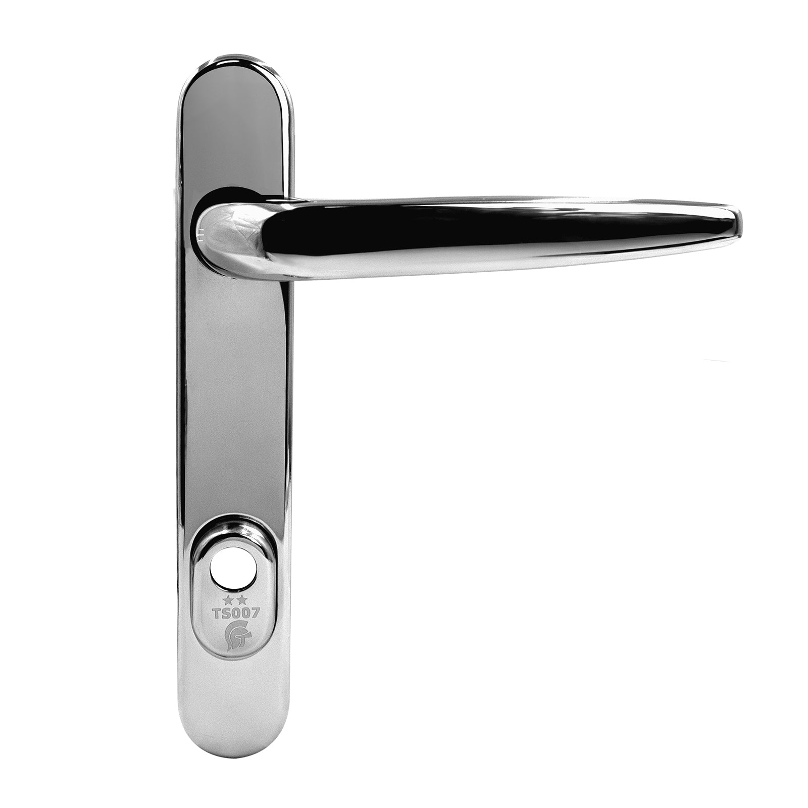 Front view of Short Chrome (PVD) Yale Sparta PAS24 Lever/Lever Door Handle Yale Trojan Sparta TS007 PAS 24 2* High Security Door Lever Handle