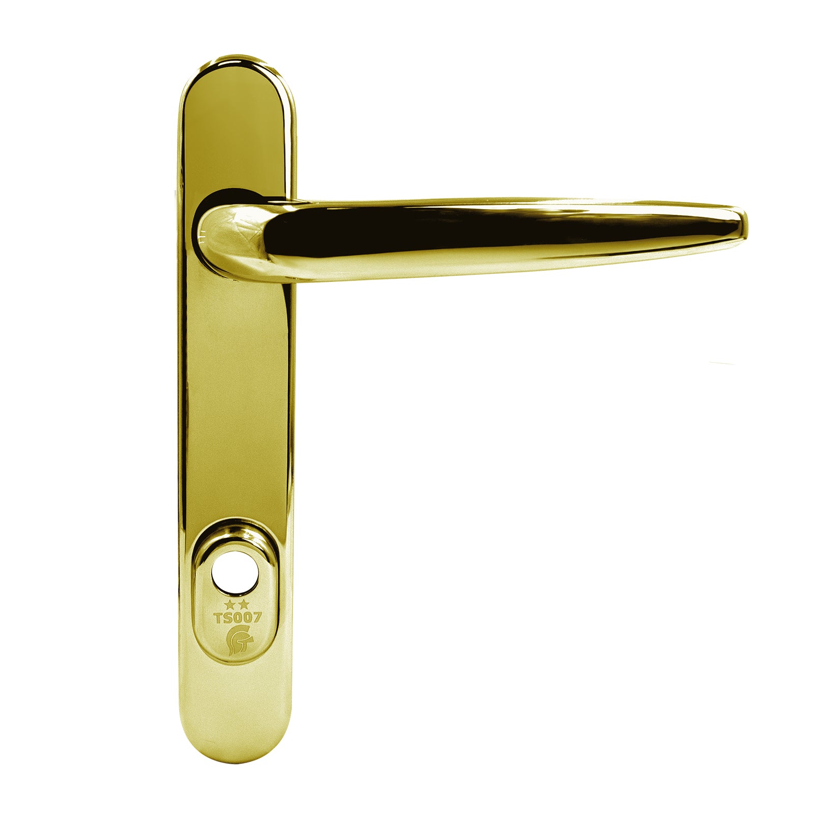 Front view of Short Gold (PVD) Yale Sparta PAS24 Lever/Lever Door Handle Yale Trojan Sparta TS007 PAS 24 2* High Security Door Lever Handle