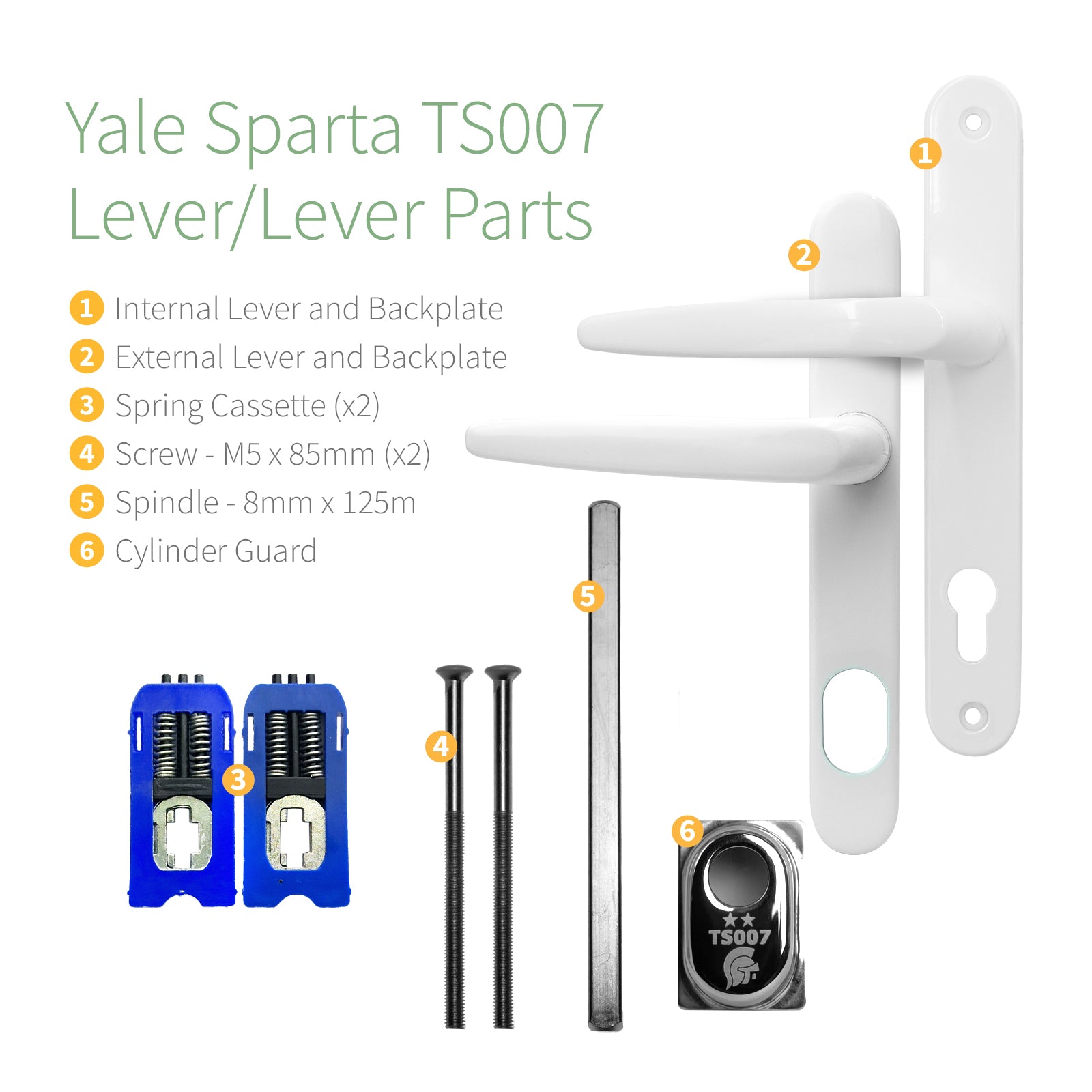 Componets of the Yale Trojan Sparta TS2007 Lever/Lever Security Door Handle Set Yale Trojan Sparta TS007 PAS 24 2* High Security Door Lever Handle