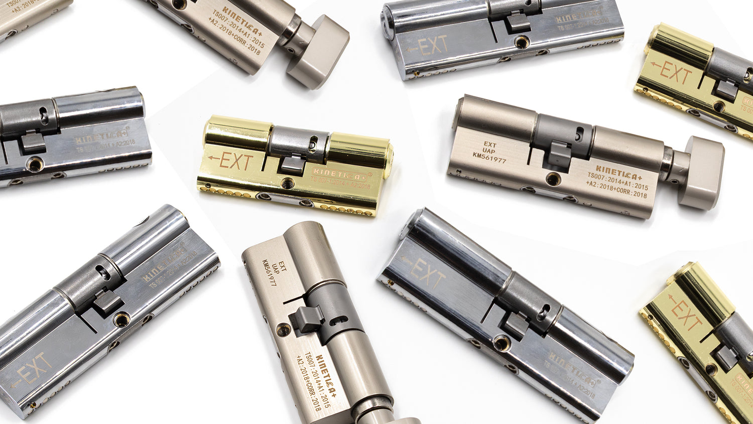 assortment of euro cylinders arranged on a white background in various sizes