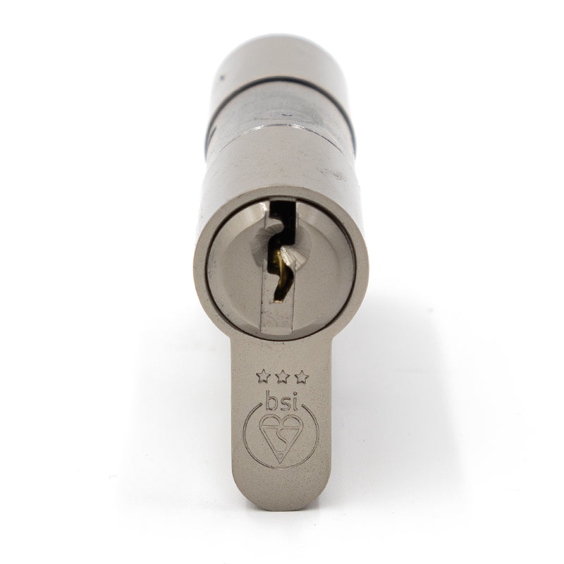 a close up of a euro cylinder showing the BSI 3 star kitemark which acts as a visual deterrent