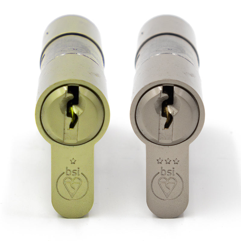 a brass and nickel euro cylinder with a 1 star and 3 star rating.