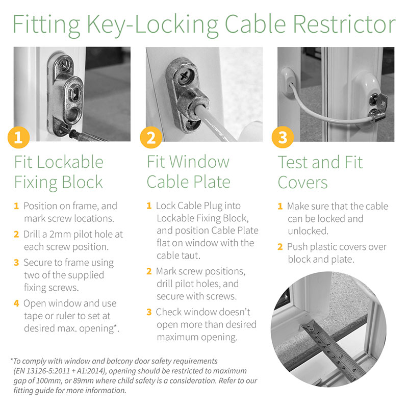 Fitting key-locking cable restrictor to a window