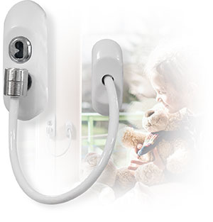 Key-locking window cable restrictor with child safety lifestyle image.