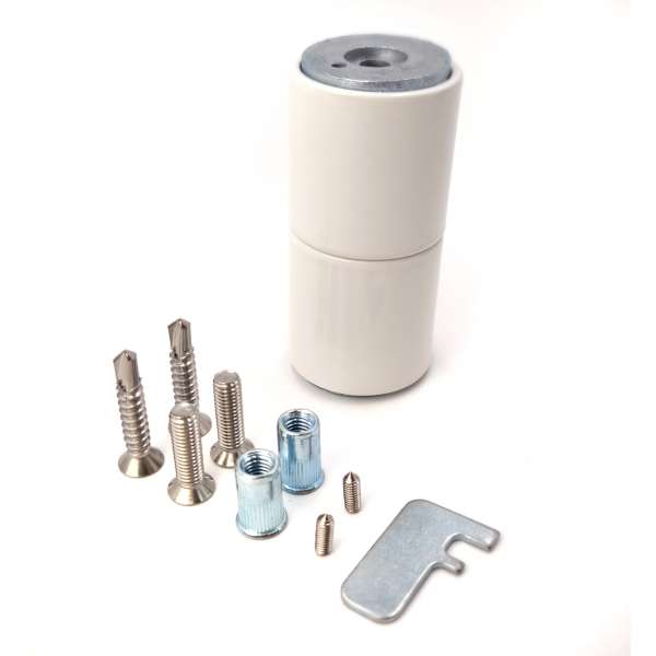 GreenteQ Clearline magnetic door catcher stop that holds back the sashes on an open bi-fold door, white fixings